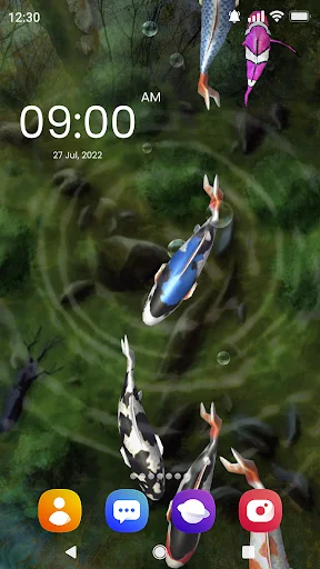 Fish Live Wallpaper 3D customization showing green theme with blue betta fish, interactive water ripples, and swimming koi in 3D aquarium