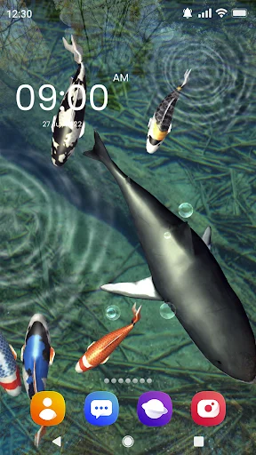 Fish Live Wallpaper 3D personalization theme displaying interactive shark with koi fish in green aquatic environment with 3D touch water effects