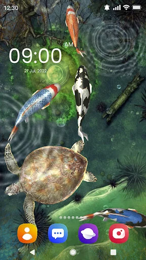 Fish Live Wallpaper 3D lock screen displaying green aquarium theme with animated koi, betta fish, and sea turtle with interactive water ripples and app shortcuts