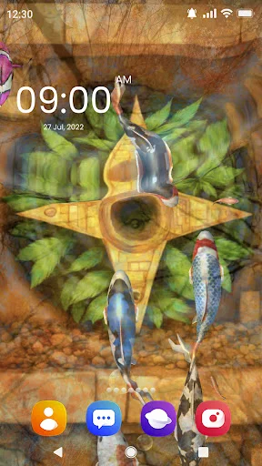 Fish Live Wallpaper 3D touch screen featuring brown gold decorative aquarium theme with symmetrical fish arrangement and interactive water effects