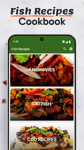 Fish Recipes Cookbook app home screen featuring recipe categories for Anchovies, Catfish, and Cod with appetizing food images