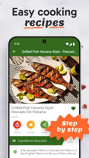 Grilled Fish Havana Style recipe detail page showing step-by-step cooking instructions, ingredients list, and heart favorite button