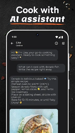 AI cooking assistant Lisa providing personalized fish cooking tips and recipe suggestions through an interactive chat interface