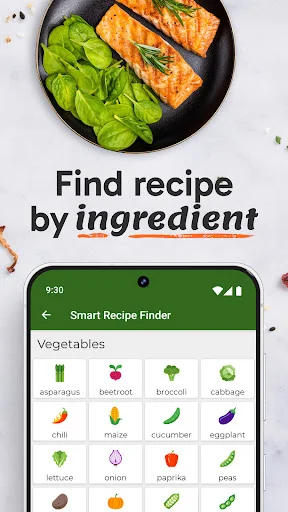Smart Recipe Finder ingredient search screen with grid of vegetable options like asparagus, broccoli, and chili to find recipes
