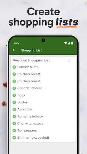 Personal Shopping List feature displaying ingredients needed for recipes including salmon fillets, eggs, cheese, and vegetables