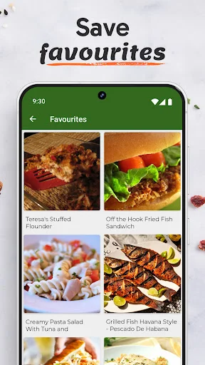Saved favorite fish recipes grid view showing bookmarked dishes like Stuffed Flounder and Grilled Fish Havana Style with images