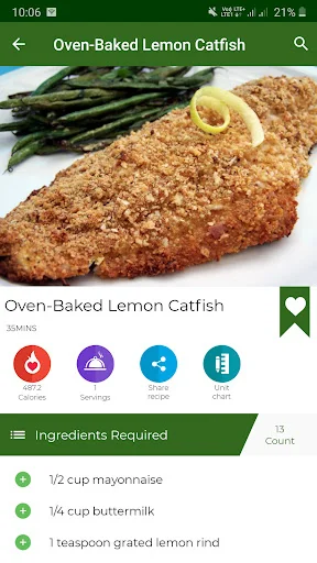 Oven-Baked Lemon Catfish recipe page with full dish image, favorites button, and action icons for calories, servings, share recipe, and detailed cooking information display