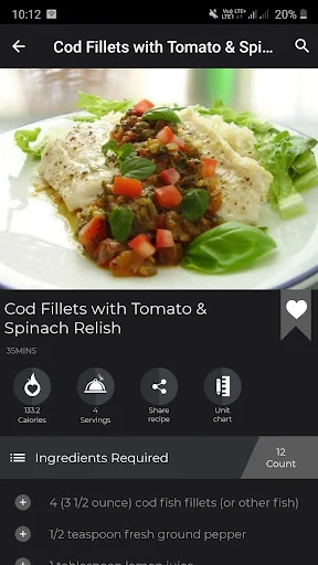 Cod Fillets with Tomato and Spinach Relish recipe showing prepared fish dish, favorites option, calorie information, servings count, share recipe button, and complete ingredients list