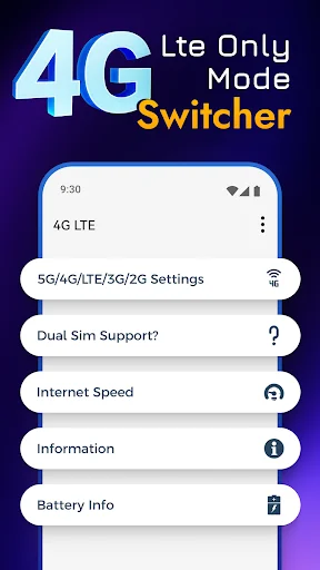 4G LTE Only Mode Switcher app main menu showing network settings, dual sim support, internet speed test, information, and battery info options