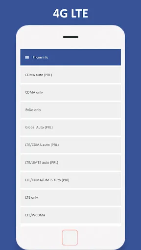 4G LTE phone information settings list showing network mode options including CDMA, Global Auto, LTE/CDMA, and LTE only modes