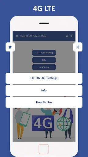 4G LTE menu navigation screen showing LTE 3G 4G Settings, Info, and How To Use options with illustrated network graphics