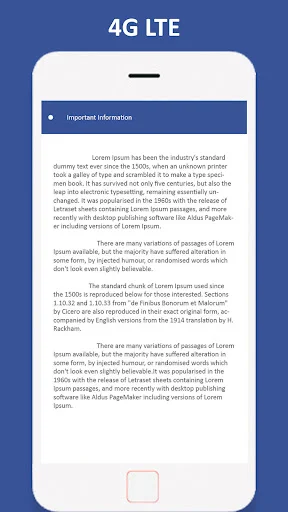 4G LTE important information page displaying detailed app documentation and usage guidelines with Lorem ipsum placeholder text
