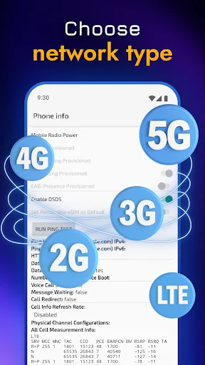 Choose network type screen displaying 5G, 4G, 3G, 2G, and LTE network selection buttons with phone information