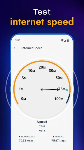 Test internet speed gauge interface showing download and upload speed results with speed range from 1m to 100m mbps