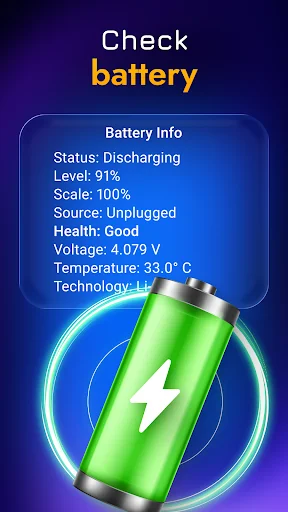 Battery information screen displaying status, charge level 91%, voltage 4.079V, temperature, and health details with green battery icon