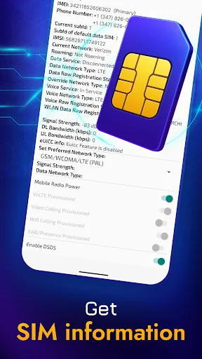 SIM card information screen showing technical details including IMSI, phone number, current network, data service, and signal strength