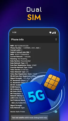 Dual SIM support screen with phone information display and 5G network illustration demonstrating dual sim functionality