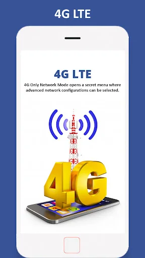 4G LTE explanation screen with mobile phone and cellular tower illustration describing 4G network coverage and connection