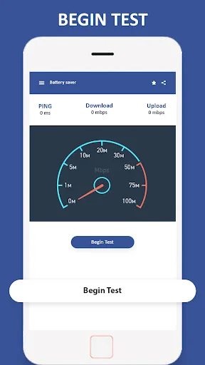 Internet speed test interface showing ping, download, and upload measurements with circular gauge and Begin Test button