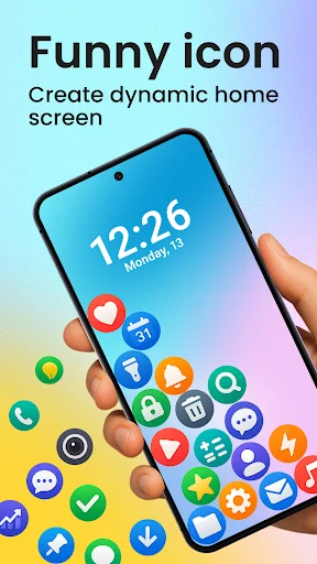 Colorful animated app icons with gravity-rolling effects on dynamic smartphone home screen