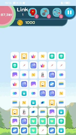 Link matching puzzle game with colorful icon tiles and progressive scoring system