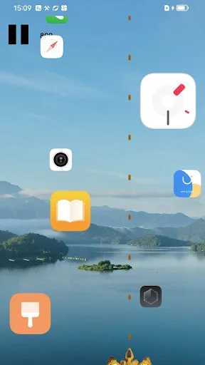 Home screen with gravity-based falling app icons on scenic mountain landscape background