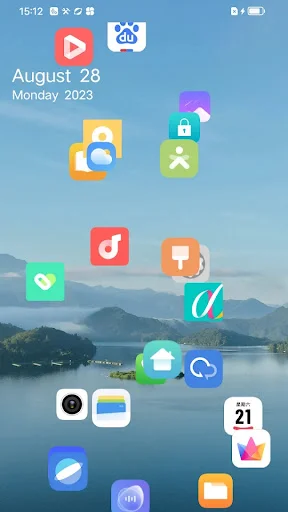Animated app icons with gravity physics on mountain lake wallpaper with date and time display