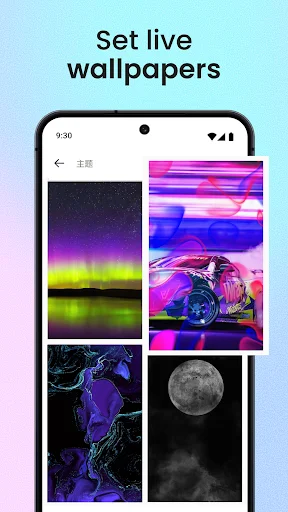 Live wallpaper selection featuring neon, space, and nature themes for phone customization
