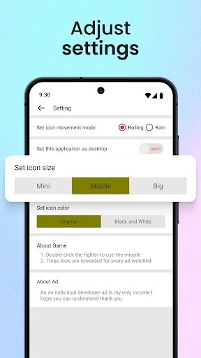 Settings menu with icon movement modes, size adjustments, and color customization options