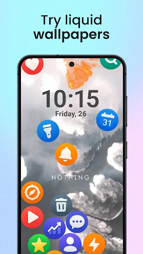 Liquid animated wallpaper with fluid effects and floating app icons for home screen customization