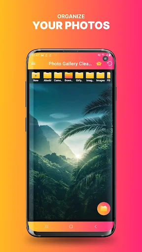 Photo gallery organizer app interface with multiple folder icons to organize and manage landscape photos