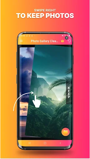 Swipe right gesture tutorial showing how to keep and save photos in Photo gallery cleaner app