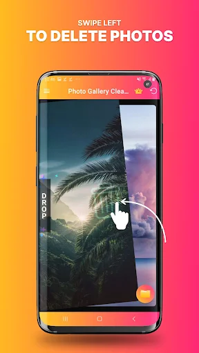 Swipe left gesture tutorial demonstrating how to delete unwanted photos in gallery cleaner app
