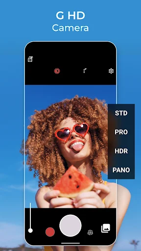 G HD Camera interface displaying STD, PRO, HDR, and PANO shooting modes with live preview of portrait subject