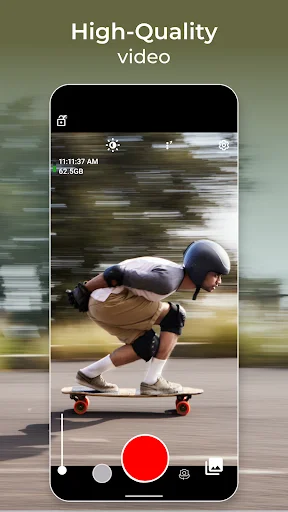 High-quality video recording interface showing skateboard action footage with recording time and file size display