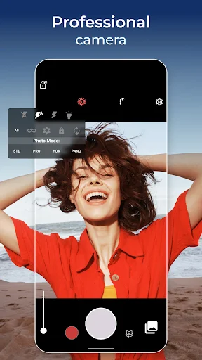 Professional camera interface with photo mode menu options for STD, PRO, HDR, and NANO shooting modes