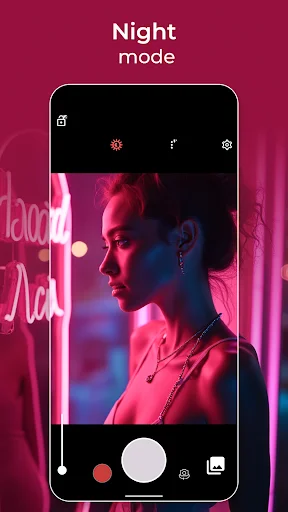 Night mode interface capturing neon-lit portrait with enhanced low-light photography and vivid color rendering