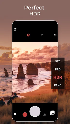 HDR mode interface displaying coastal sunset landscape with enhanced dynamic range and STD, PRO, HDR, PANO mode options