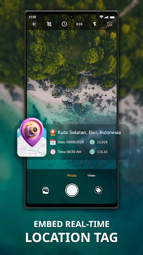 GPS camera app showing real-time location tagging with Bali coordinates, date-time stamp, and photo/video recording modes