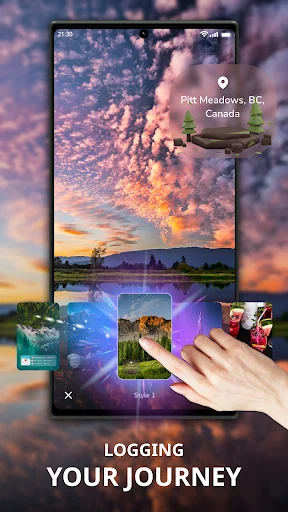 Location camera app interface displaying sunset photo with Pitt Meadows, BC location stamp and journey logging photo gallery