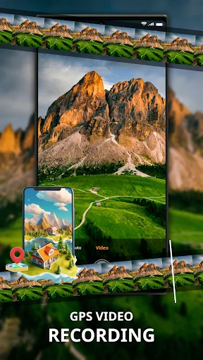 GPS video recording feature showing mountain landscape with location-tagged video clips, photo and video mode options