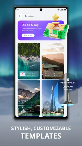 Customizable GPS tag templates screen displaying styled location-stamped photo overlays for geotagging memories with timestamps