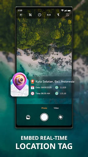 GPS camera app showing real-time location tagging with Bali coordinates, date-time stamp, and photo/video recording modes