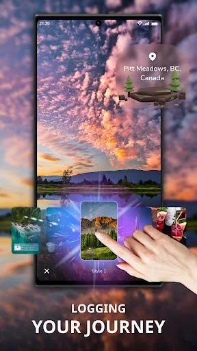 Location camera app interface displaying sunset photo with Pitt Meadows, BC location stamp and journey logging photo gallery