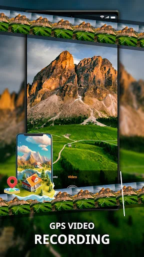 GPS video recording feature showing mountain landscape with location-tagged video clips, photo and video mode options