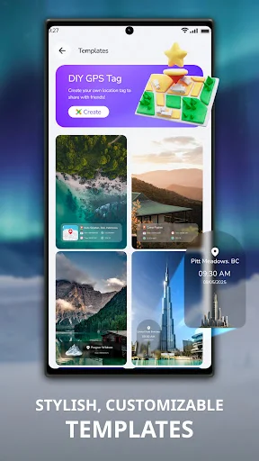 Customizable GPS tag templates screen displaying styled location-stamped photo overlays for geotagging memories with timestamps