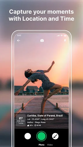 GPS Camera app capturing beach photo with location timestamp in Paraná Brazil, displaying latitude/longitude and photo/video controls