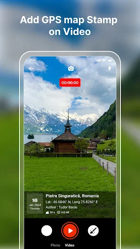 GPS video recording interface with map stamp overlay showing Transylvania church location, timestamp, and video recording controls