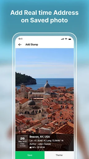 Photo editor adding real-time address stamp to saved photo showing Beacon NY location coordinates with theme customization and save button