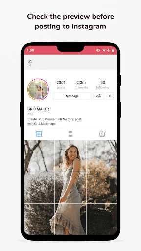 Instagram feed preview showing Grid Maker grid post with user profile, follower count, and multi-panel photo layout ready to share